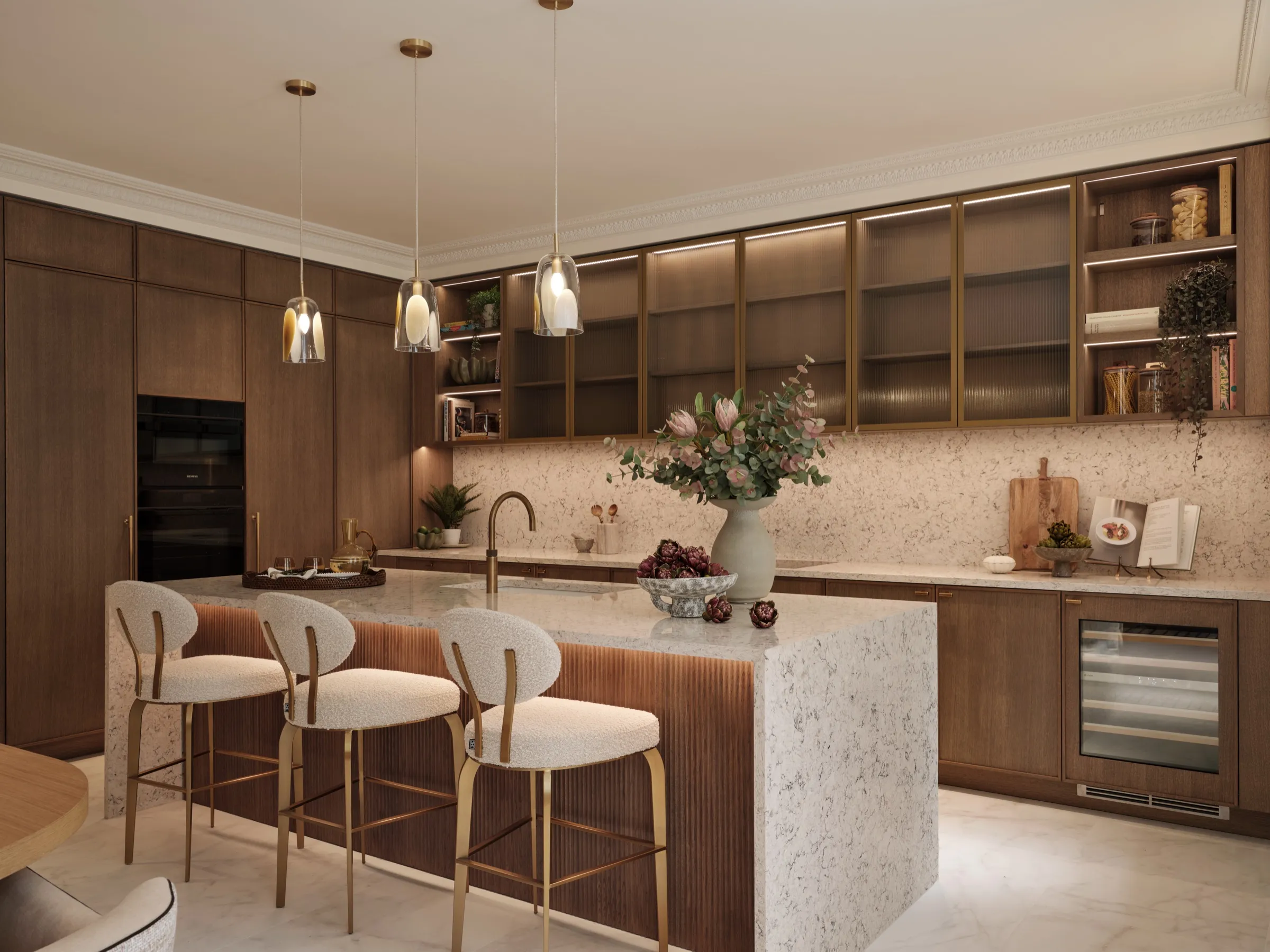 Walnut kitchen joinery with a terrazzo island